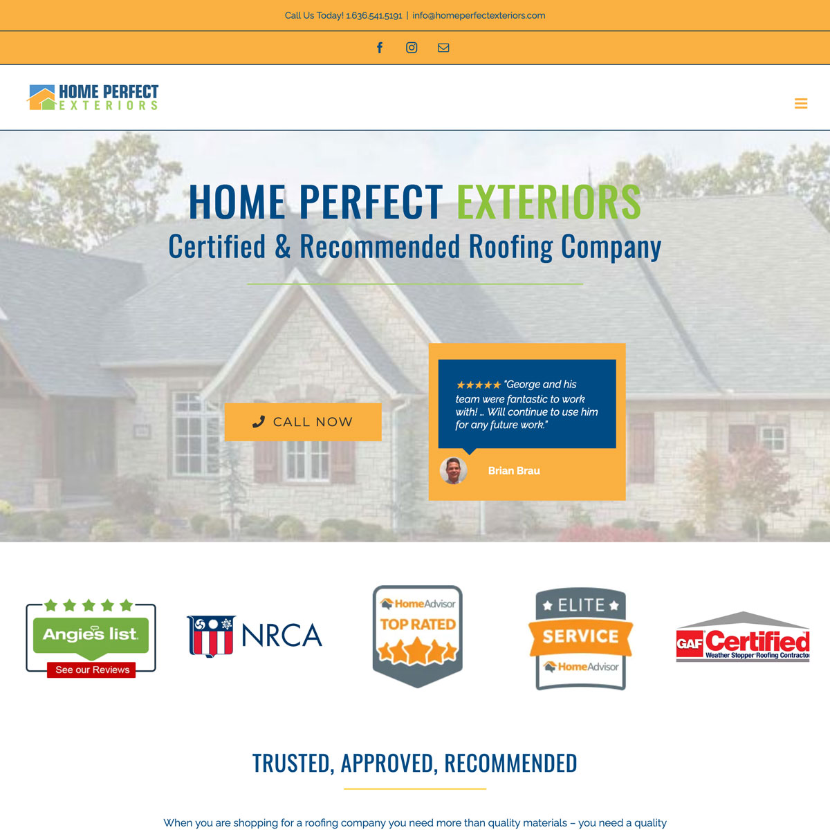 Homepage of the Home Perfect Exteriors website